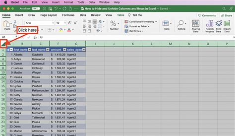 how to show hidden top rows in excel