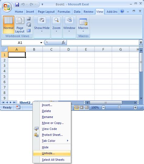 how to show sheets in excel 2007