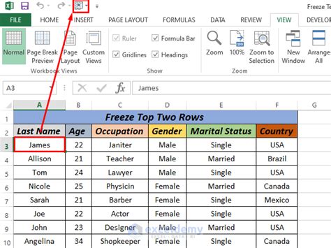 how to show top two rows in excel