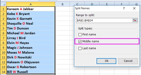 how to split names in excel with middle name
