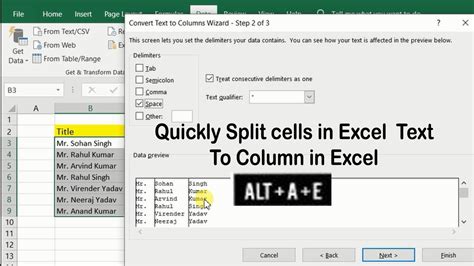 how to split text into two columns in excel shortcut key