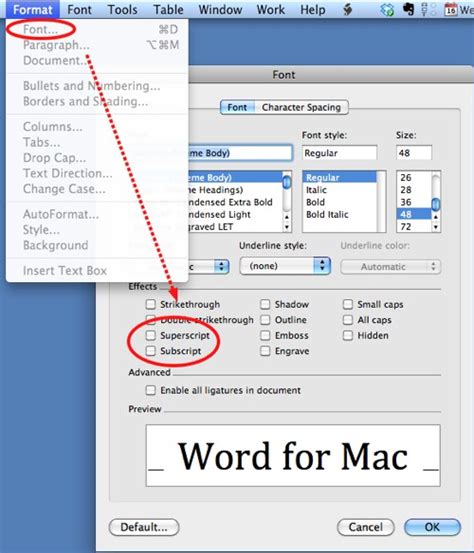 how to subscript in word equation mac