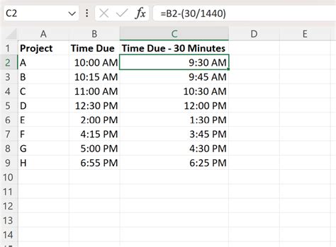how to subtract 30 minutes from total time in excel