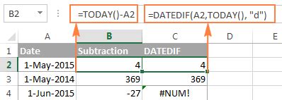how to subtract date in excel with current date