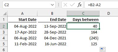how to subtract dates to get number of days in excel