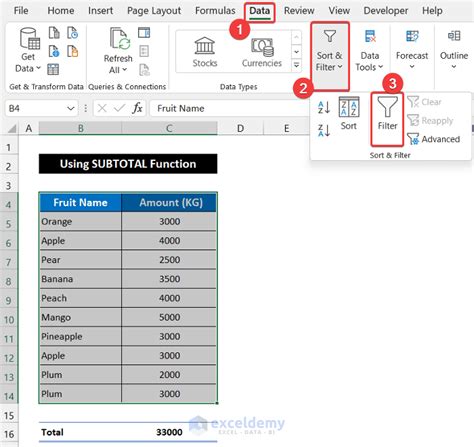 how to sum total filtered data in excel