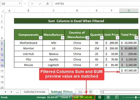 how to sum up filtered columns in excel
