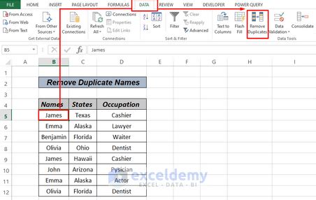 how to take out duplicate names in excel