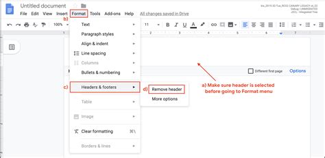 how to turn off header on google docs