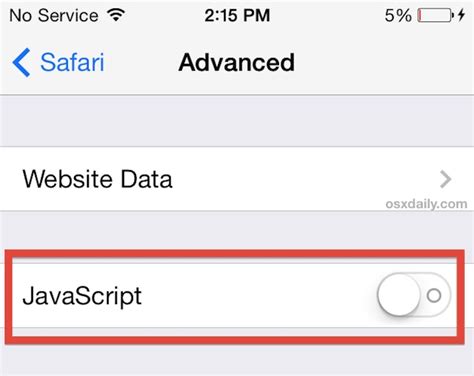 how to turn off javascript ios