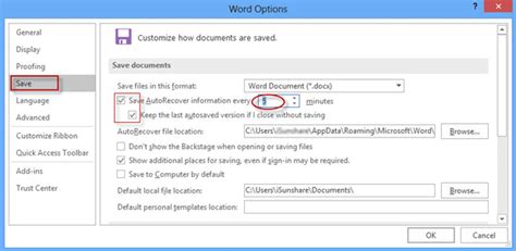 how to turn on automatic save in word