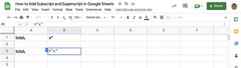 how to type a subscript on google sheets