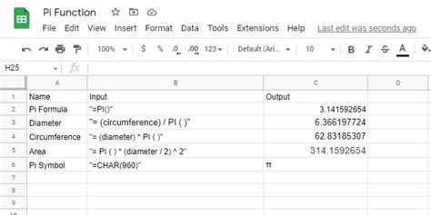 how to type pi in google sheets