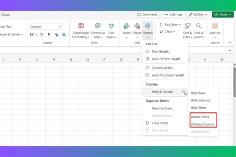 how to unhide all rows and columns in excel shortcut