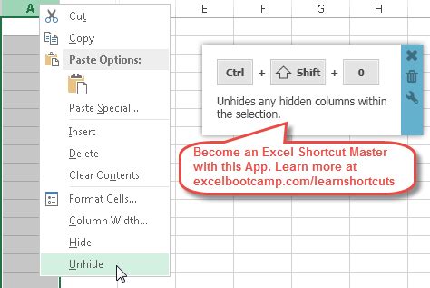 how to unhide cells in excel shortcut