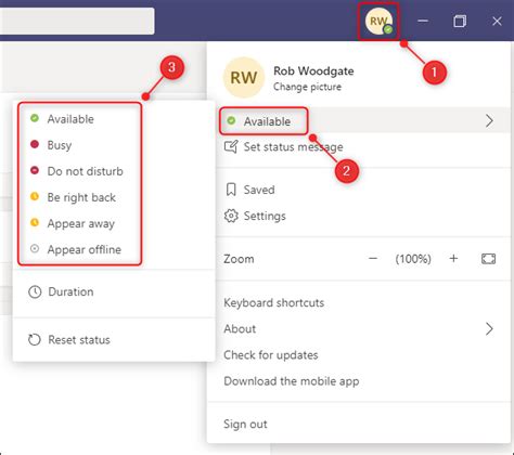 how to update status in teams chat