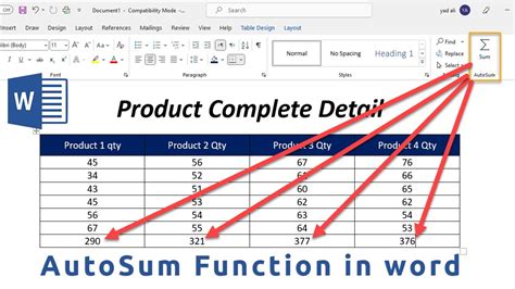 how to use autosum in word table