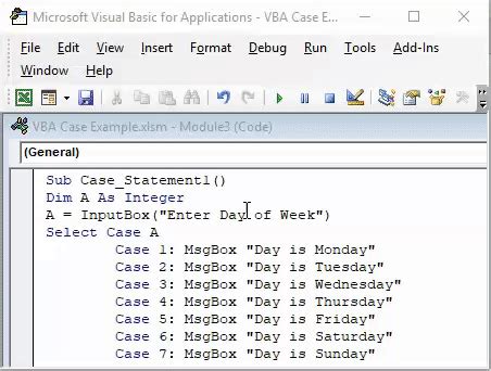 how to use case in excel vba