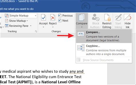 how to use compare document feature in word