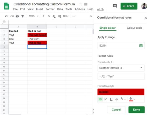 how to use custom conditional formatting in google sheets