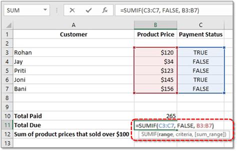how to use formula in excel sumif