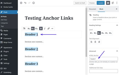 how to use html anchor in wordpress