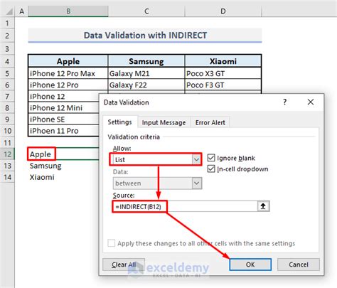 how to use indirect function in data validation in excel