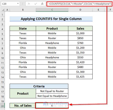 how to use not equal to in excel countifs