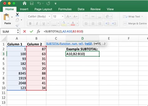 how to use subtotal function in excel