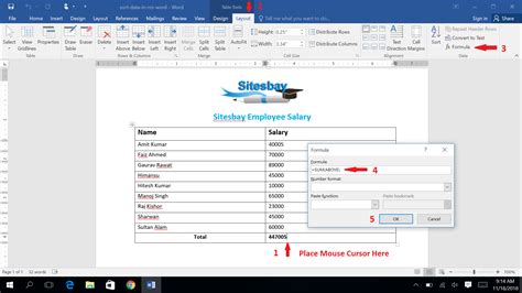how to use sum formula in word table