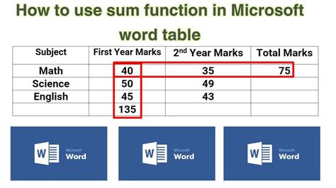 how to use sum function in word table