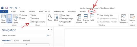 how to use the navigation pane in word to go to a heading