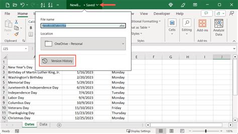 how to view previous version of excel file in onedrive