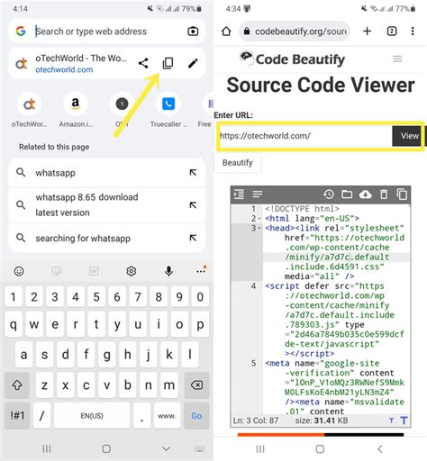 how to view source code in mobile browser
