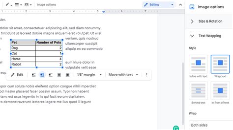 how to wrap text table in google docs