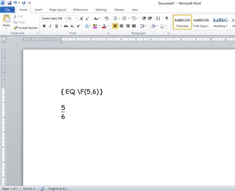 how to write 1/2 in word 2007