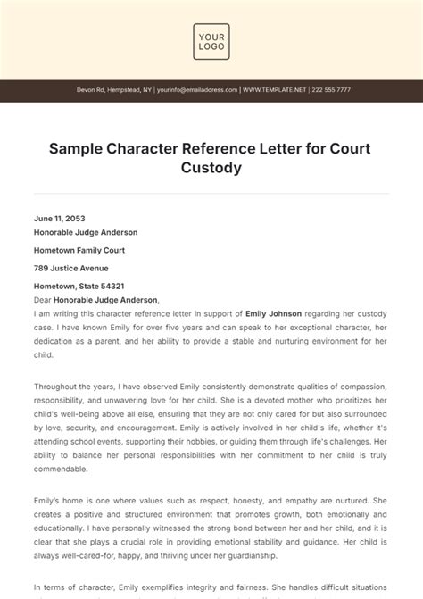 how to write a character reference for a custody battle