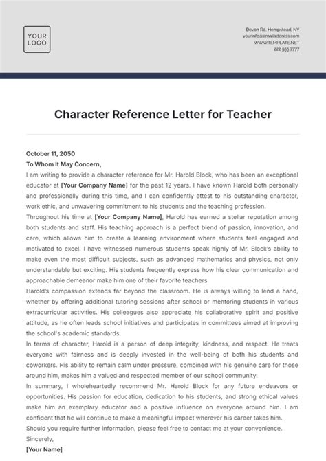 how to write a character reference for a teacher