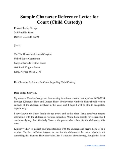 how to write a character reference for child custody