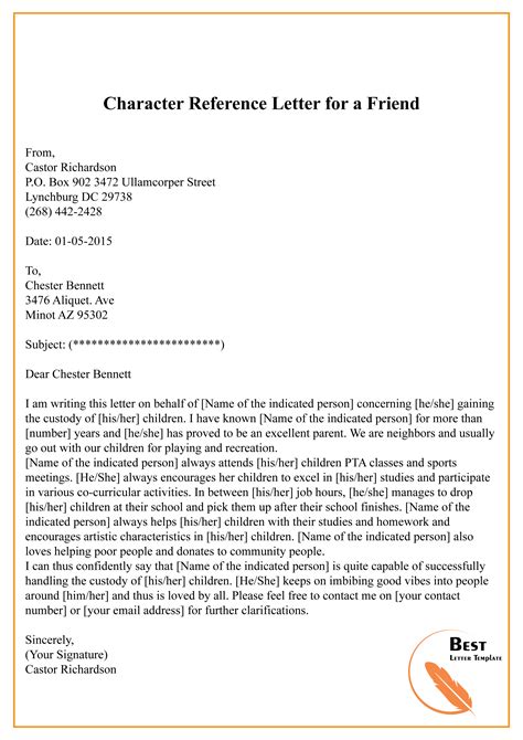 how to write a character reference template for a friend