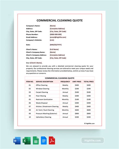 how to write a commercial cleaning quote
