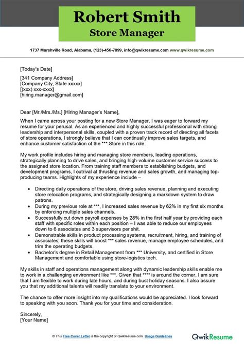 how to write a cover letter for store manager position