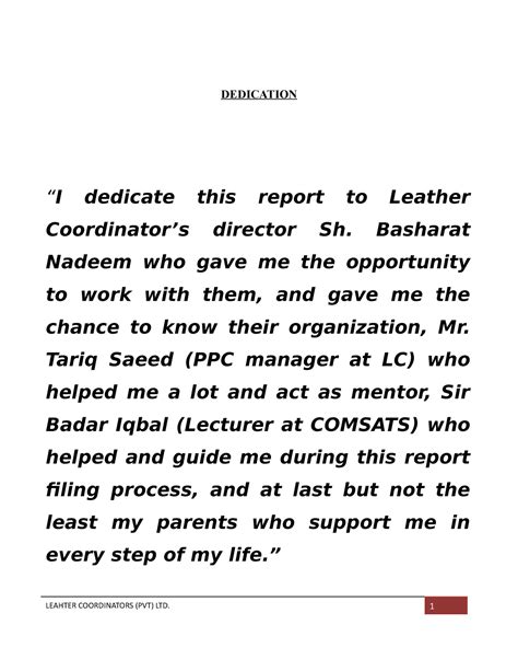 how to write a dedication in an internship report