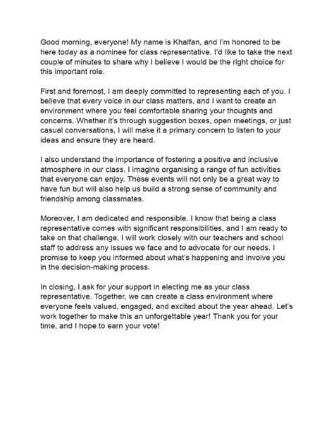 how to write a good class representative speech