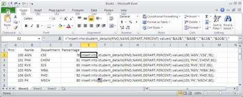 how to write a insert query in excel