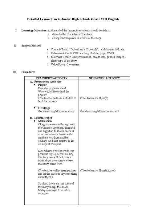 how to write a lesson plan for junior secondary school