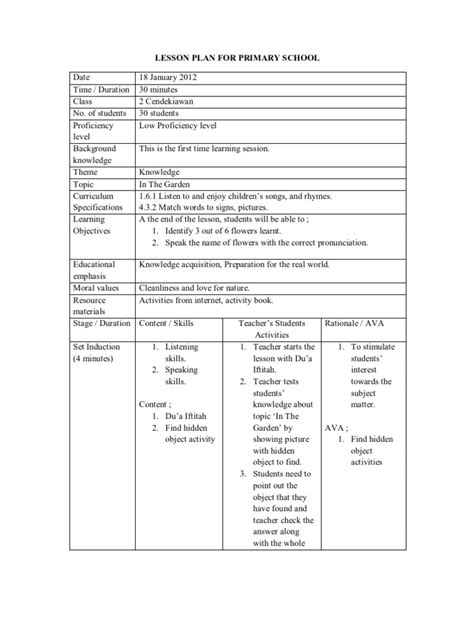 how to write a lesson plan in primary school