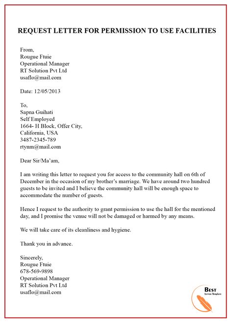 how to write a letter asking for permission to use a facility
