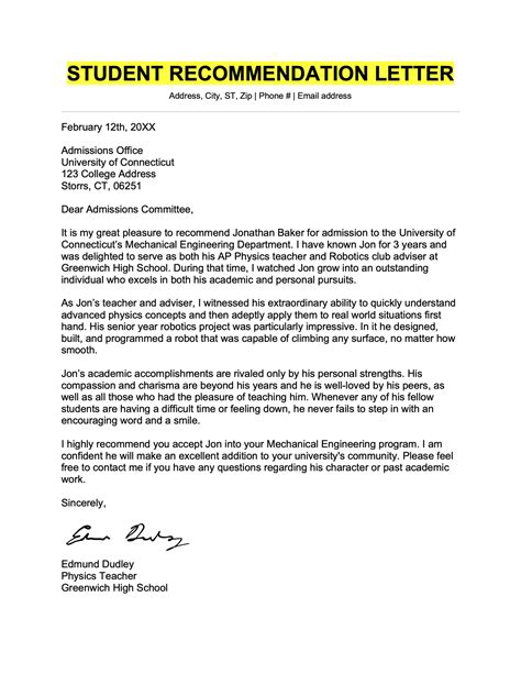 how to write a letter of recommendation for a student examples