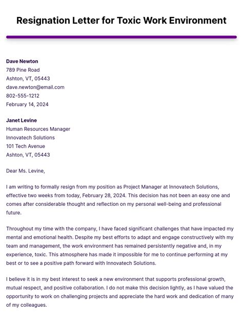 how to write a letter of resignation due to hostile work environment